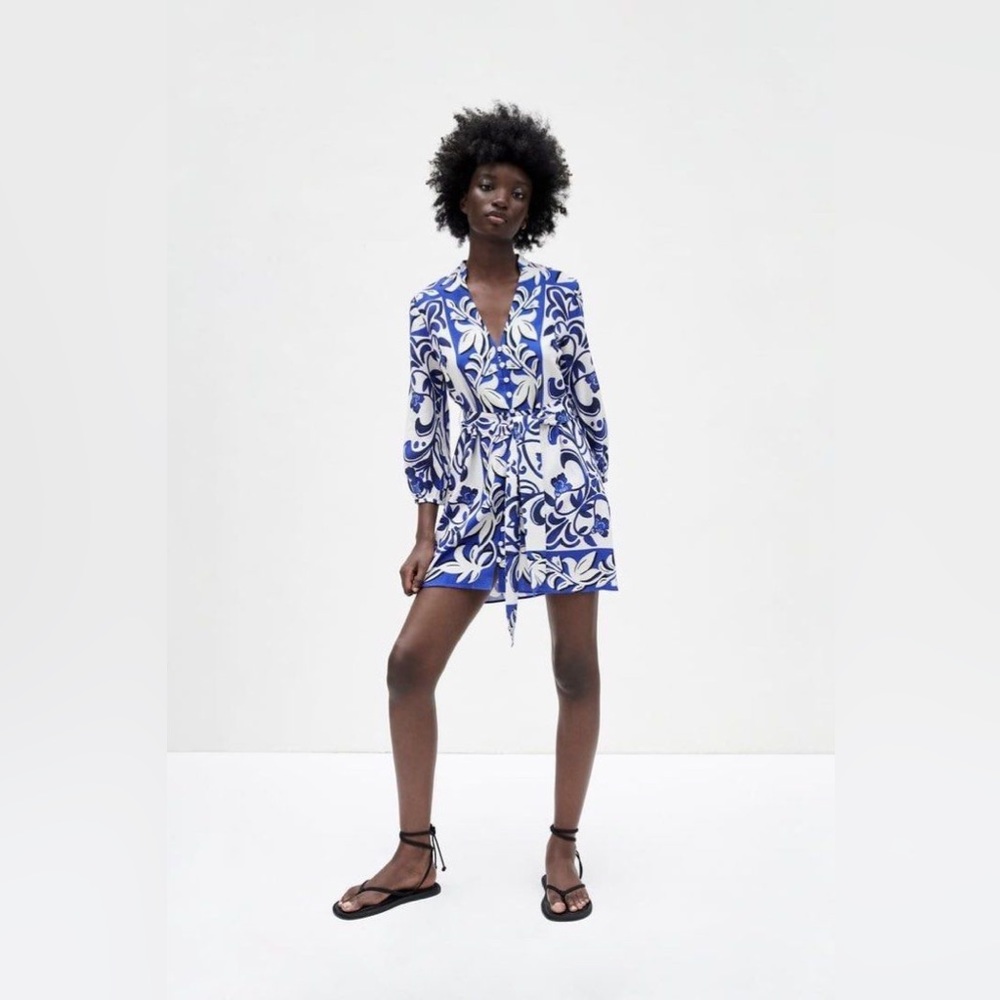 NWT ZARA Majolica Print Linen Mini Dress, Sz S